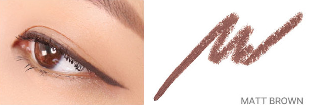ProtoClinical k-beauty lilybyred Starry Eyes Am9 to Pm9 Gel Eyeliner two side-by-side eyeliner swatches in warm brown and soft taupe-gray on a pale peach background
