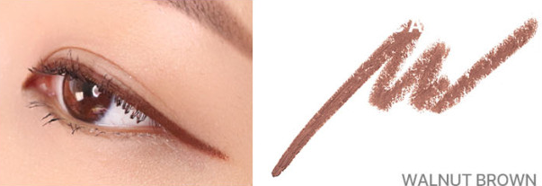 ProtoClinical k-beauty lilybyred Starry Eyes Am9 to Pm9 Gel Eyeliner two side-by-side eyeliner swatches in tan brown and soft gray on a pale peach background