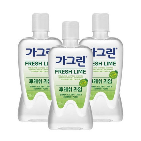 ProtoClinical k-beauty Gagreen FRESH LIME Mouthwash 750mlX3ea three lime-green mouthwash bottles grouped side by side on a light background with soft pink upper accents.