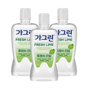 ProtoClinical k-beauty Gagreen FRESH LIME Mouthwash 750mlX3ea three lime-green mouthwash bottles grouped side by side on a light background with soft pink upper accents.