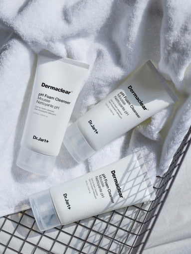 Dr.Jart+ Dermaclear pH Foam Cleanser 120ml by ProtoClinical presented in skincare tube packaging on a white background, highlighting the cleanser label and simple design for a k-beauty skincare routine.