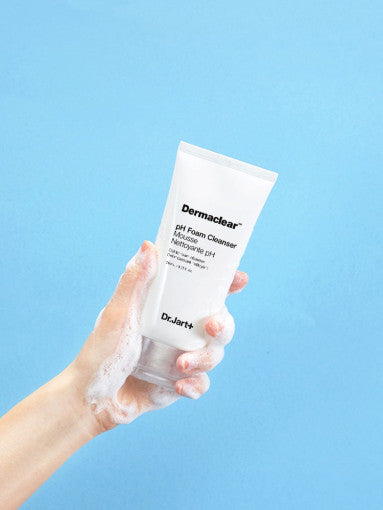 Dr.Jart+ Dermaclear pH Foam Cleanser 120ml by ProtoClinical displayed with the cleanser tube and label details on a clean background, highlighting the packaging for a k-beauty skincare routine.