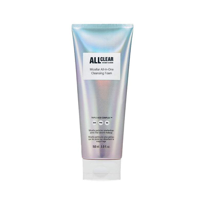 THE FACE SHOP ALL CLEAR MICELLAR ALL-IN-ONE CLEANSING FOAM 150ml by ProtoClinical shown as a front-facing cleansing foam tube on a clean white background, highlighting the pink-accented packaging for a k-beauty skincare routine.