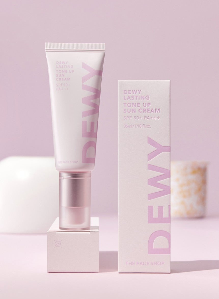 ProtoClinical k-beauty THE FACE SHOP Dewy Lasting Tone UP Sun Cream SPF50+ PA+++ 35ml single sunscreen tube in an upright studio packshot on a white background