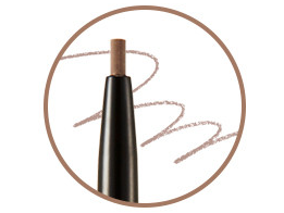 ProtoClinical k-beauty THE FACE SHOP Eye Rise Slim Brow 0.05g vertical dark brown brow swatch with a slim pale side stripe on a white background