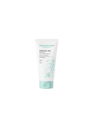 ProtoClinical k-beauty THE FACE SHOP Herb Day 365 Amino Acid Facial Foaming Cleanser 170ml #Aloe in a single upright white squeeze tube with a mint cap and pale aqua botanical line art on a white background