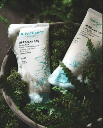 ProtoClinical k-beauty THE FACE SHOP Herb Day 365 Amino Acid Facial Foaming Cleanser 170ml #Aloe shown as two white squeeze tubes with mint caps nestled in moss and soap foam inside a rustic bowl