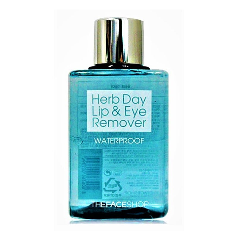 ProtoClinical k-beauty The Face Shop Herb Day Lip & Eye Makeup Remover 130ml single upright teal rectangular bottle with a darker center panel on a clean white background
