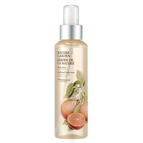ProtoClinical k-beauty THE FACE SHOP NATURE GARDEN Perfumed Body Mist 155ml in a slim beige bottle standing upright on a white background