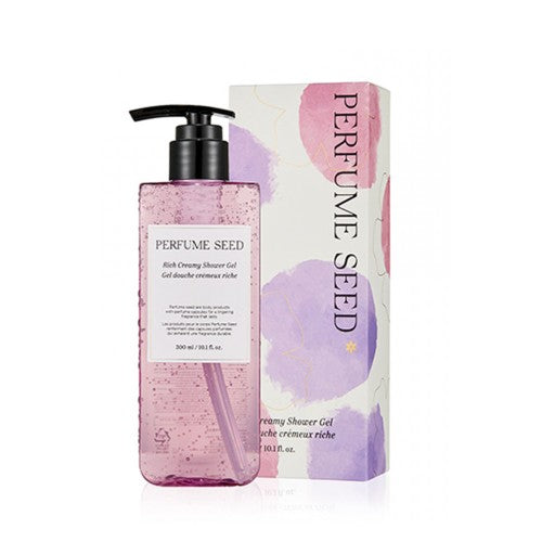 ProtoClinical k-beauty THE FACE SHOP Perfume Seed Velvet Rich Creamy Shower Gel 300ml with two mauve bottles side by side on a white background