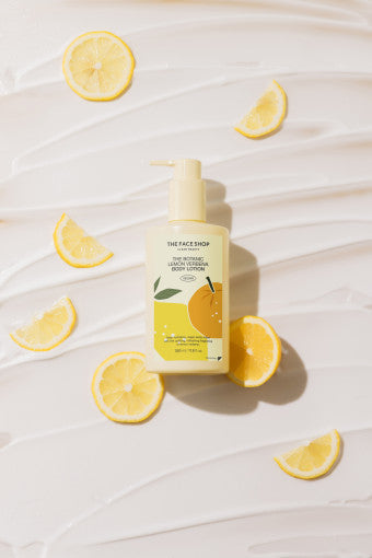 ProtoClinical k-beauty THE FACE SHOP The Botanic Lemon Verbena Body Lotion 350ml single upright pale yellow lotion bottle centered on a white background with pale lavender side panels