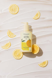 ProtoClinical k-beauty THE FACE SHOP The Botanic Lemon Verbena Body Lotion 350ml single upright pale yellow lotion bottle centered on a white background with pale lavender side panels