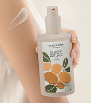 ProtoClinical k-beauty THE FACE SHOP The Botanic Woody Musk Body Lotion 350ml single upright pale beige lotion bottle centered on a white background with pale lavender side panels