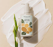 ProtoClinical k-beauty THE FACE SHOP The Botanic Woody Musk Body Lotion 350ml single upright pale beige lotion bottle centered on a white background with pale lavender side panels