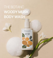 ProtoClinical k-beauty THE FACE SHOP THE BOTANIC WOODY MUSK BODY WASH 350ml single front-facing body wash container with visible front label on a white background