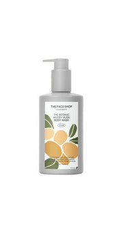 ProtoClinical k-beauty THE FACE SHOP THE BOTANIC WOODY MUSK BODY WASH 350ml single front-facing body wash container with visible front label on a white background