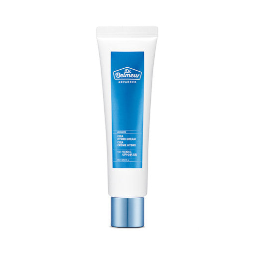 ProtoClinical k-beauty Dr.Belmeur Advanced Cica Hydro Cream 60ml single upright pale blue cream container centered on a white background with soft peach side accents