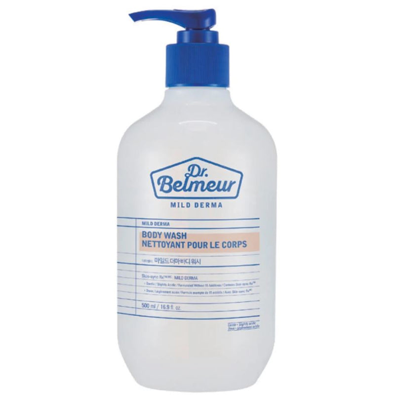 ProtoClinical k-beauty Dr.Belmeur Mild Derma Body Wash 500ml single upright body wash bottle centered on a light background.