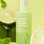 ProtoClinical k-beauty DEWYTREE AC Deep Blemish Calming Ampoule 60ml close-up of a pale green bottle surrounded by halved limes and mint leaves on a light yellow-green background