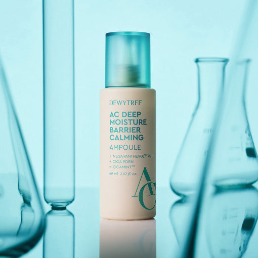 ProtoClinical k-beauty DEWYTREE AC Deep Moisture Barrier Calming Ampoule 60ml single upright aqua bottle centered on a pale background with cool blue side panels