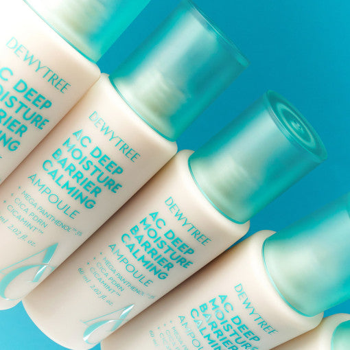 ProtoClinical k-beauty DEWYTREE AC Deep Moisture Barrier Calming Ampoule 60ml single aqua package centered on a bright aqua background in a portrait product shot
