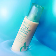 ProtoClinical k-beauty DEWYTREE AC Deep Moisture Barrier Calming Ampoule 60ml single cream bottle with an aqua cap tilted in glossy blue liquid against a bright aqua background