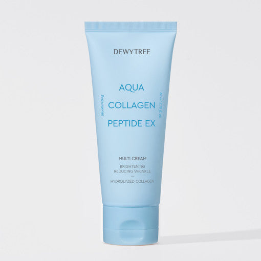 ProtoClinical k-beauty DEWYTREE Aqua Collagen Peptide EX Multi Cream 80ml single upright pale blue bottle centered on a pale background with soft white side panels