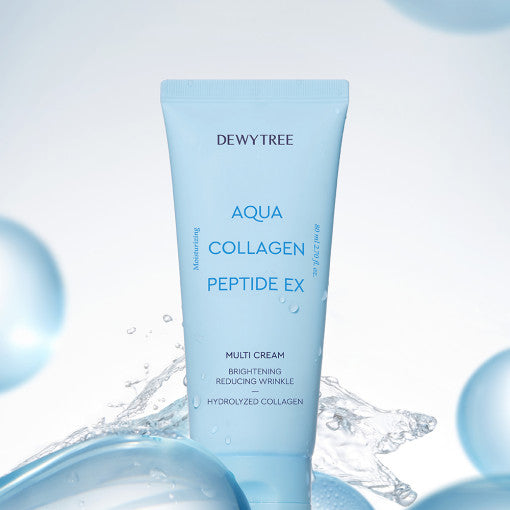 ProtoClinical k-beauty DEWYTREE Aqua Collagen Peptide EX Multi Cream 80ml single upright pale blue bottle centered on a pale background with soft white side panels