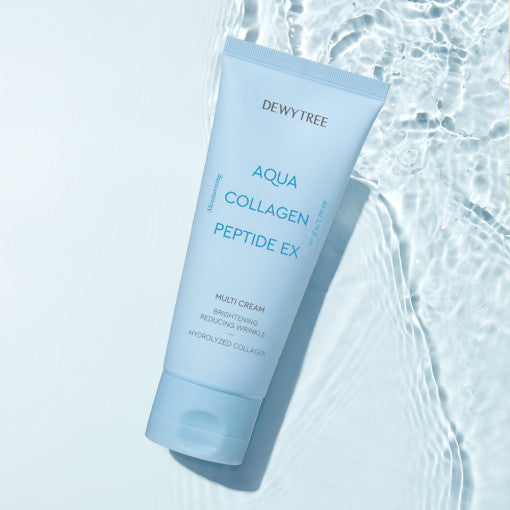 ProtoClinical k-beauty DEWYTREE Aqua Collagen Peptide EX Multi Cream 80ml single upright pale blue bottle centered on a pale background with soft white side panels