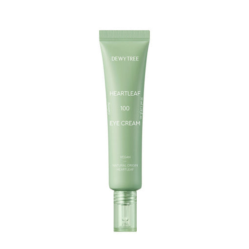 ProtoClinical k-beauty DEWYTREE HEARTLEAF 100 Eye Cream 35ml set of three pale green eye cream tubes standing upright with clear applicator tips and long shadows on a white background