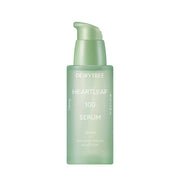 ProtoClinical k-beauty DEWYTREE HEARTLEAF 100 Serum 40ml pale green pump bottle shown upright beside a clear serum droplet with a long shadow on a white background