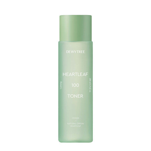 ProtoClinical k-beauty DEWYTREE HEARTLEAF 100 Toner 200ml pale green toner bottle shown angled upright with a long shadow on a white background