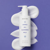 ProtoClinical k-beauty DEWYTREE Hi Amino All Cleansing Milk 200ml single upright white cleansing milk bottle centered on a deep blue background.
