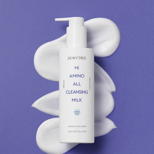 ProtoClinical k-beauty DEWYTREE Hi Amino All Cleansing Milk 200ml single upright white cleansing milk bottle centered on a deep blue background.
