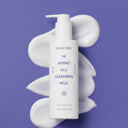 ProtoClinical k-beauty DEWYTREE Hi Amino All Cleansing Milk 200ml single upright white cleansing milk bottle centered on a deep blue background.