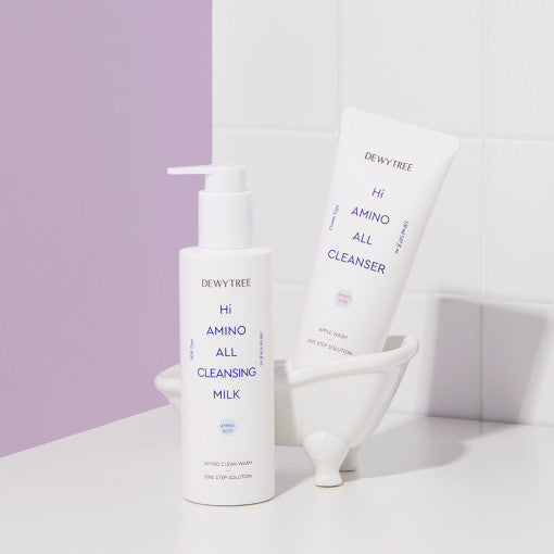 ProtoClinical k-beauty DEWYTREE Hi Amino All Cleansing Milk 400ml single lavender bottle with a pale aqua lower band on a light background