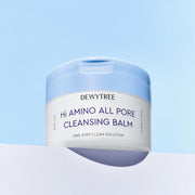 ProtoClinical k-beauty DEWYTREE Hi Amino All Pore Cleansing Balm 90g single upright blue cleansing balm package centered on a pale blue background with soft gray lower shading.