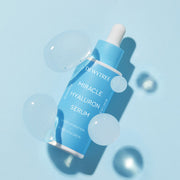 ProtoClinical k-beauty DEWYTREE Miracle Hyaluron Serum 40ml single upright blue serum bottle centered on a pale background with soft peach and blue side panels