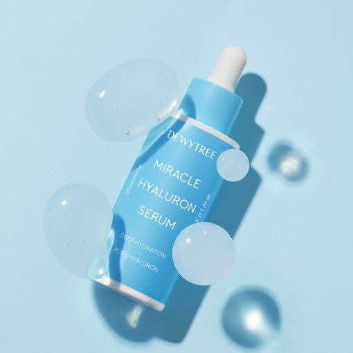 ProtoClinical k-beauty DEWYTREE Miracle Hyaluron Serum 40ml single upright blue serum bottle centered on a pale background with soft peach and blue side panels