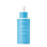 ProtoClinical k-beauty DEWYTREE Miracle Hyaluron Serum 40ml single upright blue serum bottle centered on a pale background with soft peach and blue side panels