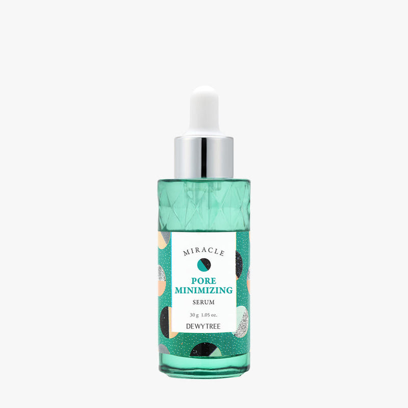 ProtoClinical k-beauty DEWYTREE Miracle Pore Minimizing Serum 30ml single upright gray serum bottle centered on a pale background with soft pink side panels