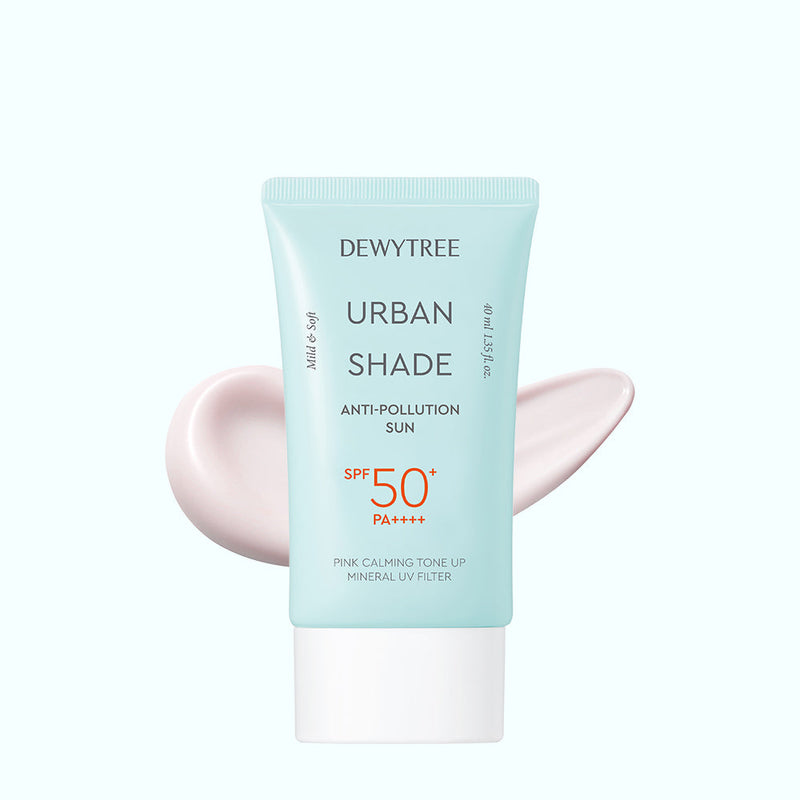 ProtoClinical k-beauty DEWYTREE Urban Shade Anti-Pollution Sun SPF50+ PA++++ 40ml single upright sunscreen tube centered on a pale aqua and white background.