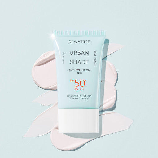 ProtoClinical k-beauty DEWYTREE Urban Shade Anti-Pollution Sun SPF50+ PA++++ 40ml single upright sunscreen tube centered on a light background.
