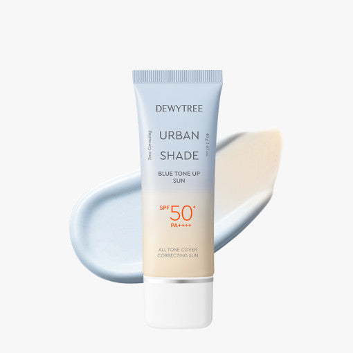 ProtoClinical k-beauty DEWYTREE Urban Shade Blue Tone Up Sun 40g single upright sunscreen tube centered on a pale gray and light blue background.