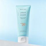 ProtoClinical k-beauty DEWYTREE Urban Shade Cool Calming Moist Sun 150ml single upright sunscreen bottle centered on a pale blue background with aqua vertical bands.