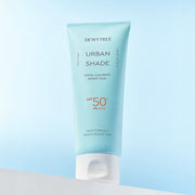 ProtoClinical k-beauty DEWYTREE Urban Shade Cool Calming Moist Sun 150ml single upright sunscreen bottle centered on a pale blue background with aqua vertical bands.
