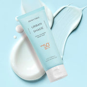 ProtoClinical k-beauty DEWYTREE Urban Shade Cool Calming Moist Sun 150ml single upright sunscreen bottle centered on a pale aqua background.