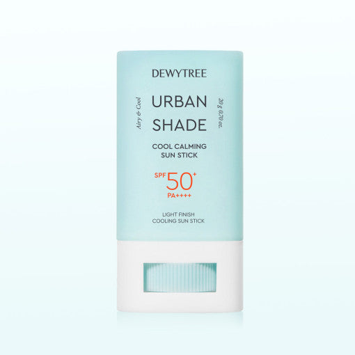 ProtoClinical k-beauty DEWYTREE Urban Shade Cool Calming Sun Stick SPF50+ PA++++ 20g single upright sun stick centered on a pale aqua and lilac background.