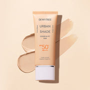 ProtoClinical k-beauty DEWYTREE Urban Shade Cover And Fit Sun SPF50+ PA++++ 40ml single upright sunscreen tube centered on a peach and cream background.