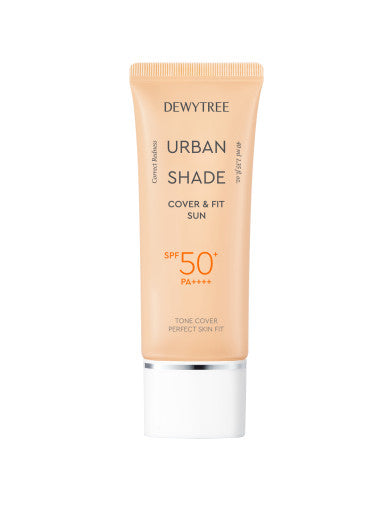 ProtoClinical k-beauty DEWYTREE Urban Shade Cover And Fit Sun SPF50+ PA++++ 40ml single upright beige sunscreen tube centered on a pale cream background.